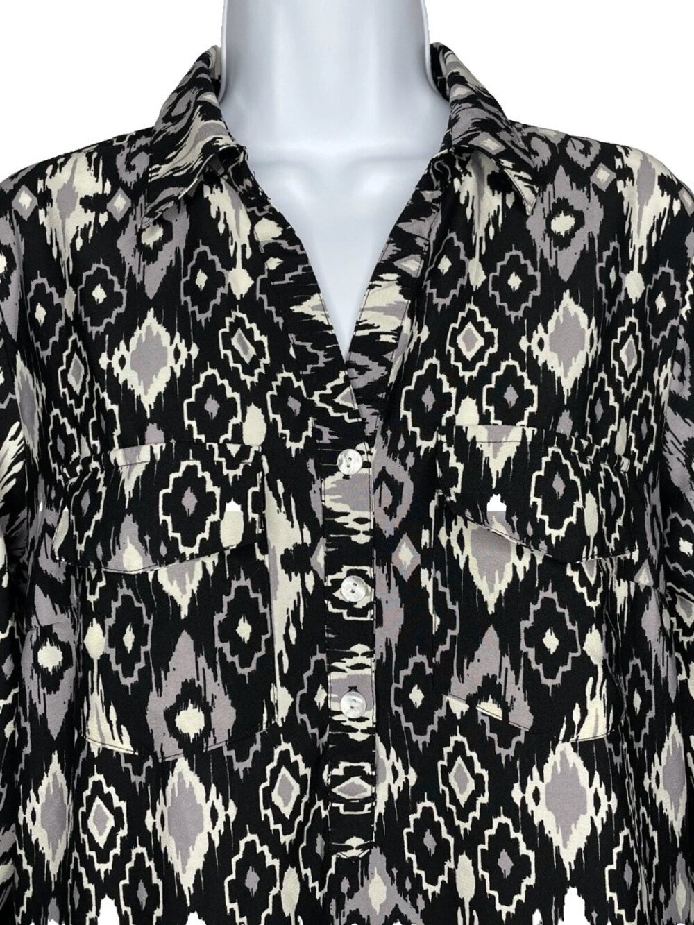 Roper Ikat Western Shirt Dress Size M Black Gray Southwestern Aztec Roll Tab - Picture 2 of 8